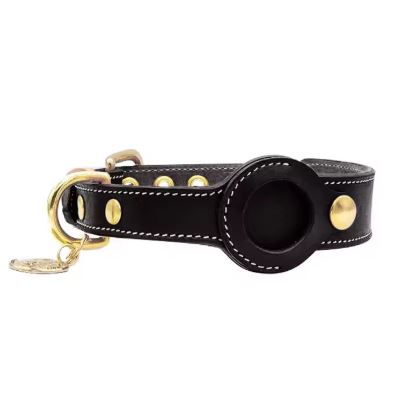 True Blue Pets Luxury Leather Dog Collar with AirTag Pocket - Black