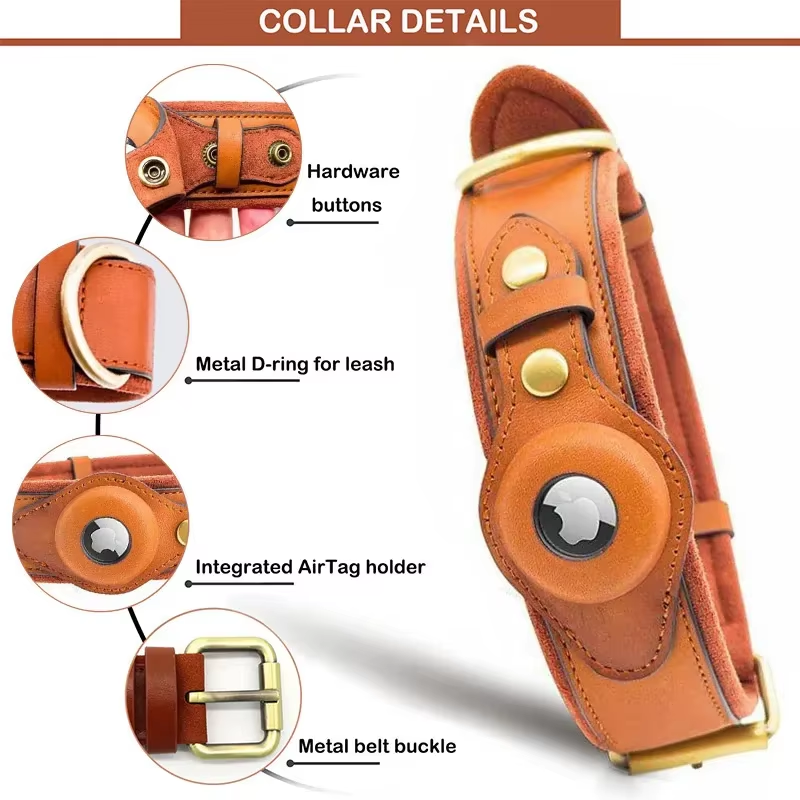 True Blue Pets Heavy Duty Leather Dog Collar with Airtag Pocket - Tan