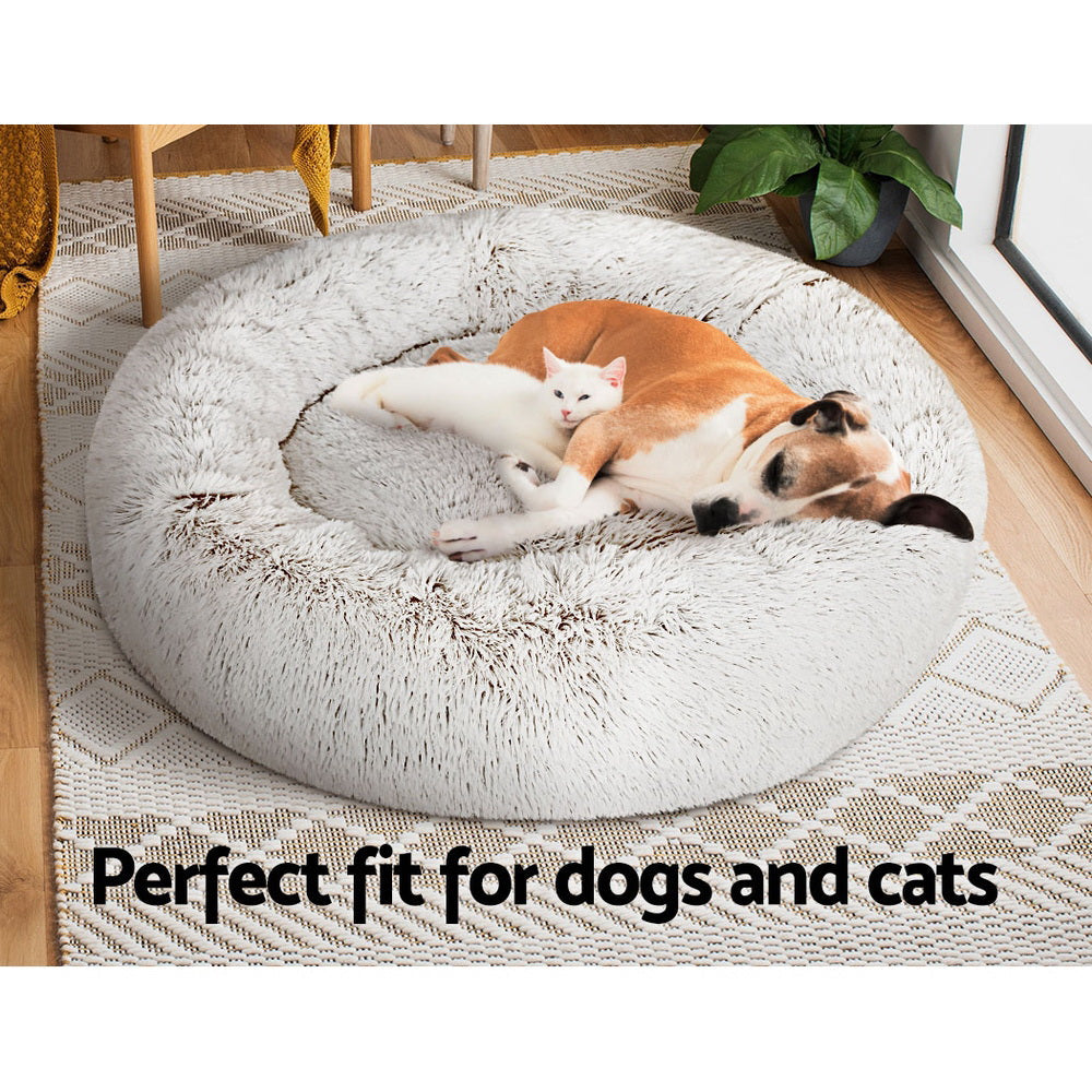 True Blue Pets Large Calming Plush Dog and Cat Bed - White with Brown Accents