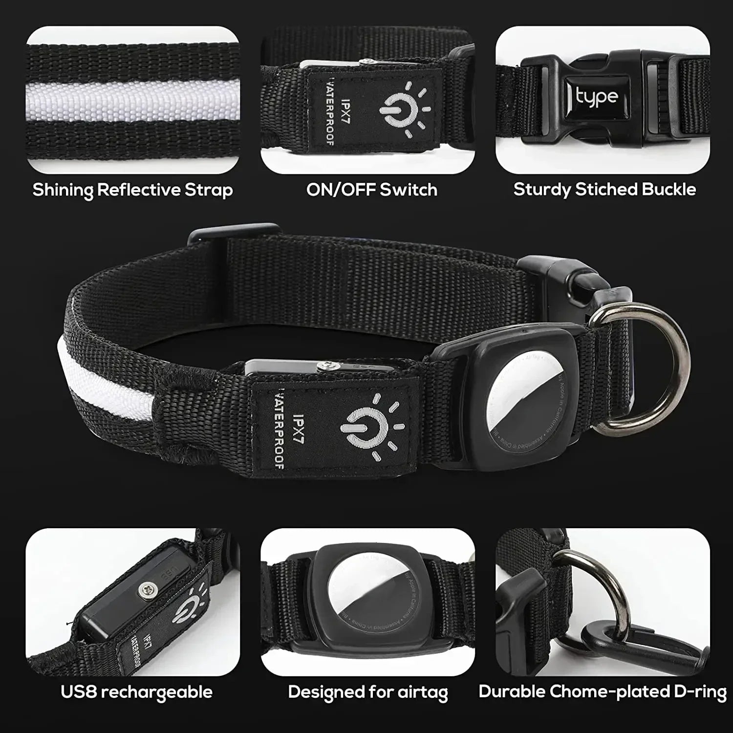 True Blue Pets Waterproof LED Dog Collar - Black