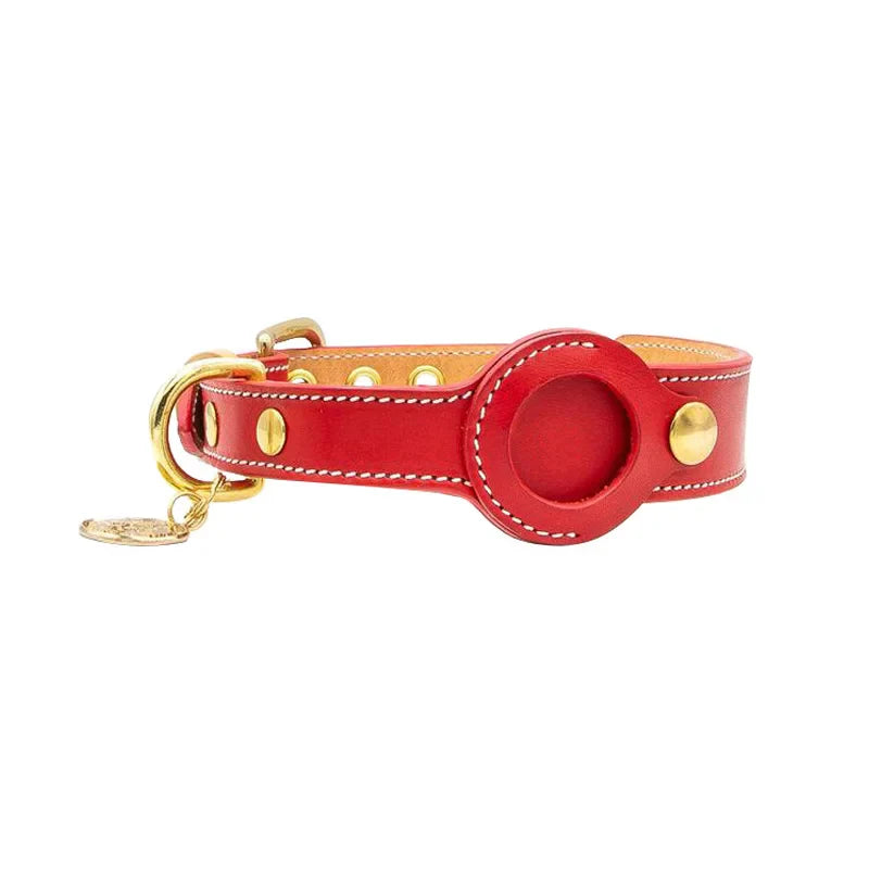 True Blue Pets Luxury Red Leather Dog Collar with AirTag Pocket