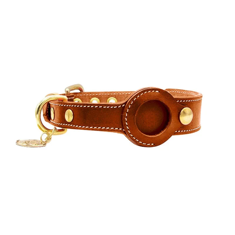 True Blue Pets Luxury Leather Dog Collar with AirTag Pocket - Brown