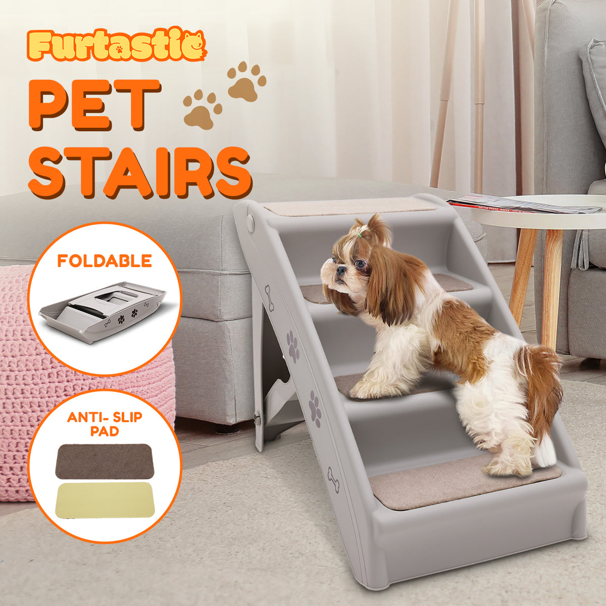 Furtastic Foldable Pet Stairs in Grey - 50cm with Non-Slip Mat for Indoor and Outdoor Use