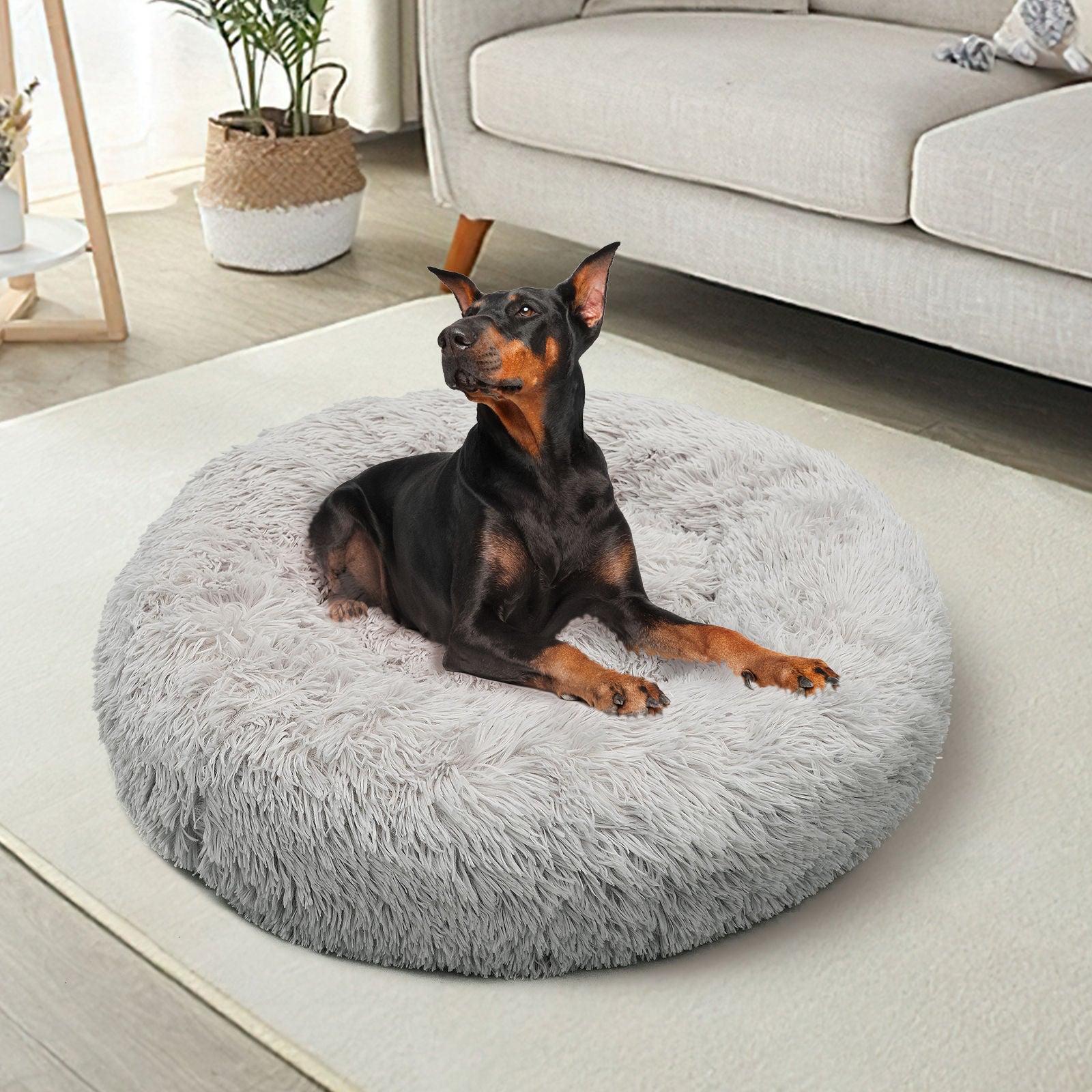 True Blue Pets Luxurious Plush Round Dog Bed - Light Grey, Large 90cm