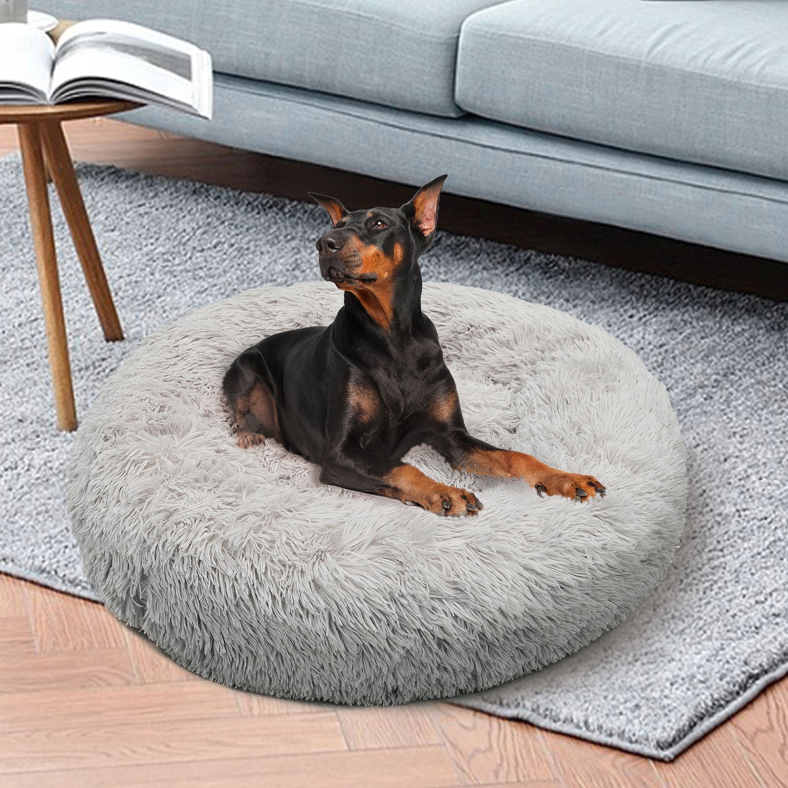 True Blue Pets Luxurious XL Round Plush Dog Bed - Light Grey Comfort Nest