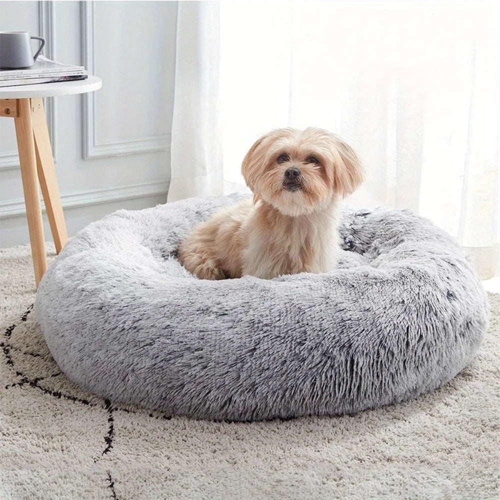 PawfectFriend Luxurious Calming Bed for Dogs & Cats - Plush Fluffy Donut Cushion, 60cm Cream