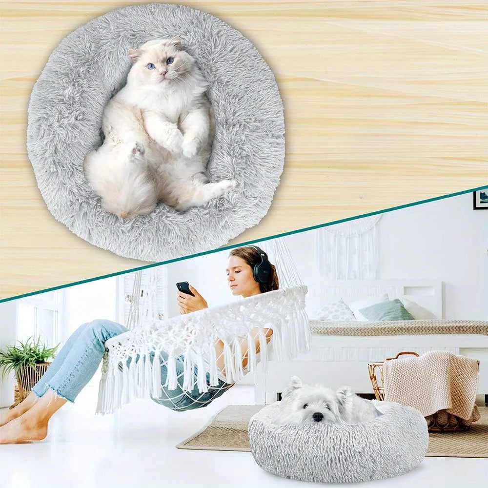 PawfectFriend Luxurious Plush Dog & Cat Calming Bed - Fluffy Donut Cushion in Light Grey, Large 60cm