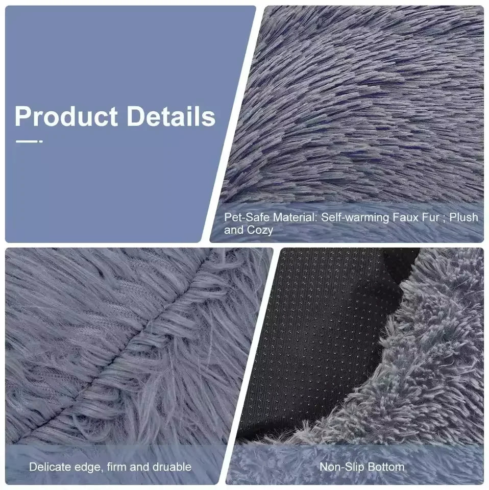 PawfectFriend Luxurious Plush Dog & Cat Calming Bed - Fluffy Donut Cushion in Light Grey, Large 60cm