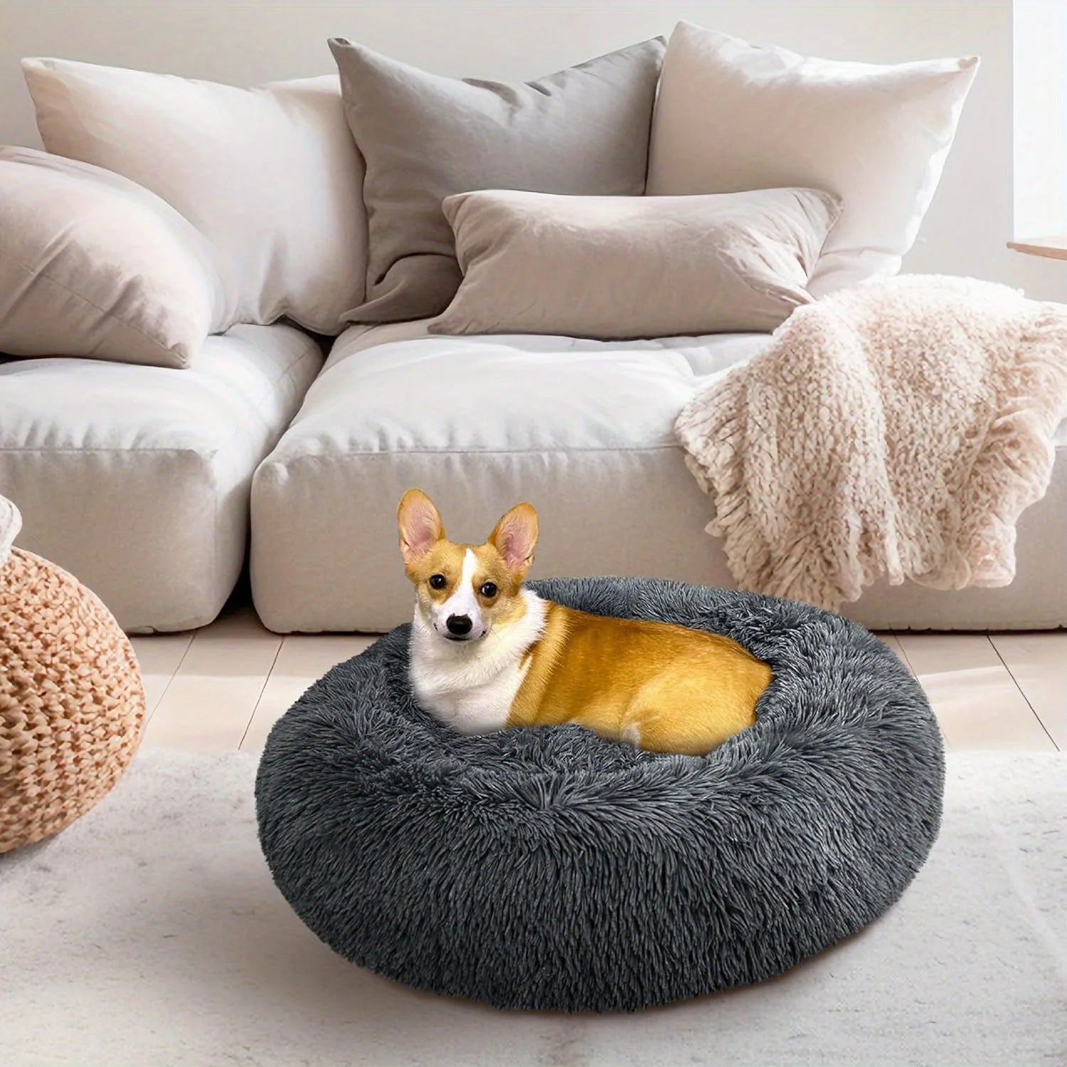 PawfectFriend Luxurious Plush Dog & Cat Calming Bed - Fluffy Donut Cushion in Light Grey, Large 60cm