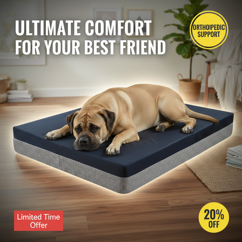 Dog lying on a orthopedic pet bed with promotional text and discounts in a home setting.